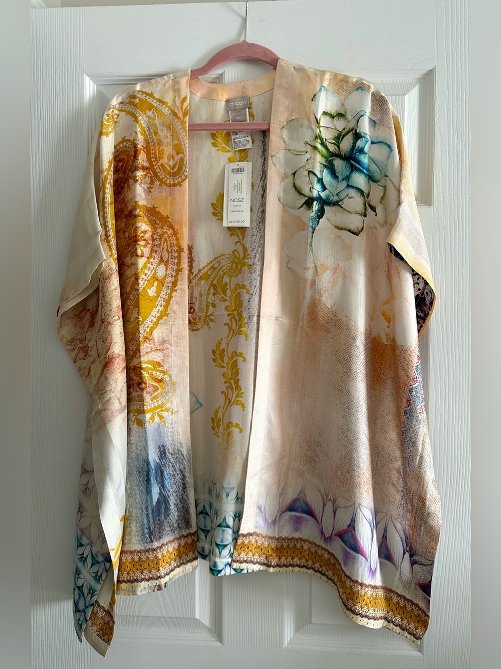 Chico's NWT 100% Silk Rauna Floral Multicolor Kimono Cardigan
